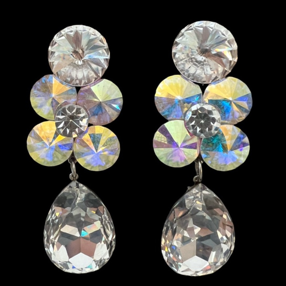 Rhinestone Drop Crystal Cluster Clip On Pageant Bling Earrings